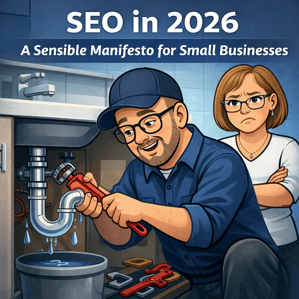 Illustration of Michael, represented as a plumber fixing a leaking pipe under a sink, while Teri stands nearby looking frustrated. The image represents a sensible, hands-on approach to SEO in 2026, focused on practical problem-solving rather than hype.
